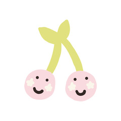 A playful and colorful illustration of two smiling cherries with cartoon faces and a simple design, conveying joy and cheerfulness. Perfect for children's projects and playful themes