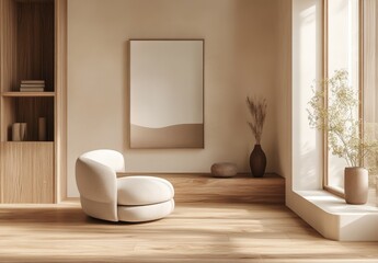 Minimalist living room interior design with a comfortable white armchair, wooden floor, a large window, and a bookshelf.