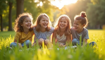Fototapeta premium Group of friends sharing laughter and creating happy memories in a green field on Children’s Day surrounded by nature.