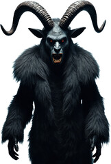 A dark and menacing portrayal of Krampus, depicted as a demonic figure with twisted horns, glowing red eyes, and shaggy black fur. This devilish creature exudes a sinister presence on a transparent.