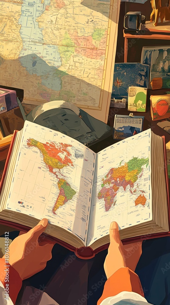 Aufkleber a person holds an open atlas featuring colorful maps of the world and continents.