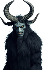 A dark and menacing portrayal of Krampus, depicted as a demonic figure with twisted horns, glowing red eyes, and shaggy black fur. This devilish creature exudes a sinister presence on a transparent.