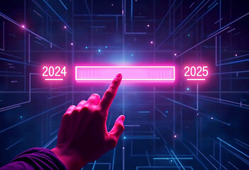 Hand Pushing 2024 to 2025 Button on Futuristic Interface