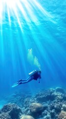 Scuba diver exploring vibrant coral reef under sunlit ocean waters, AI