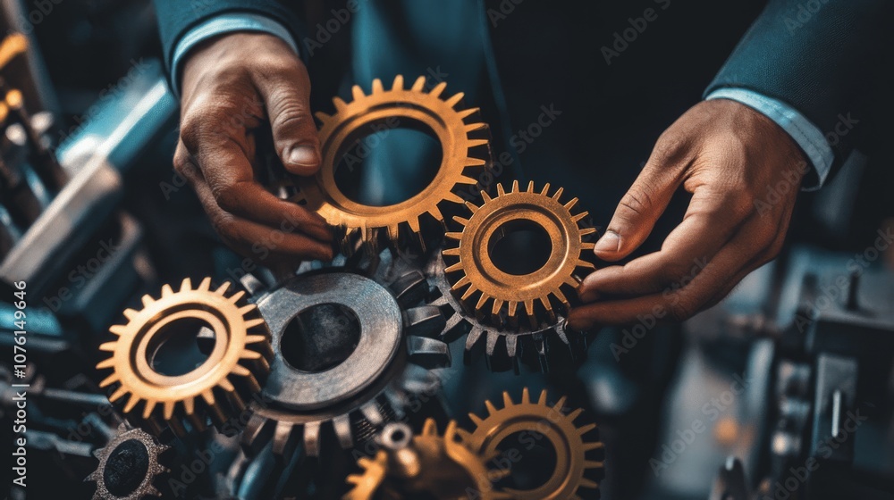 Poster a person holds interlocking gears, showcasing precision engineering and craftsmanship in a well-lit 