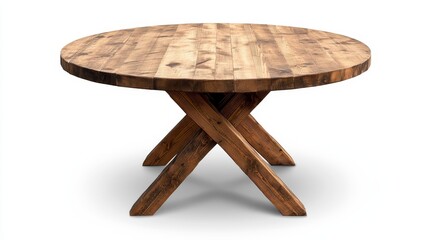 A rustic, round wooden table with a criss-cross base. The table is made of natural wood with a distressed finish. It is isolated on a white background.