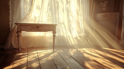 A peaceful room with sunlight streaming through lace curtains, light creating soft patterns on a vintage table and floor, serene and inviting atmosphere, hd quality, photorealistic, natural shadows.