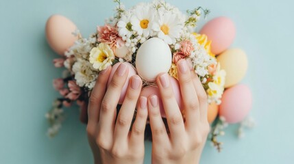 Hands gently cradle a bouquet of flowers and pastel Easter eggs, AI