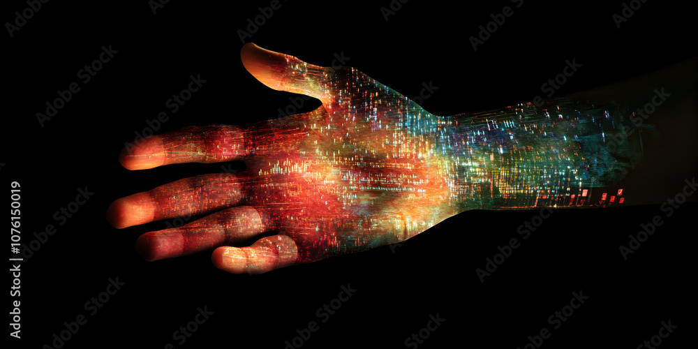 Poster cosmic connection: a hand illuminated with vibrant, galaxy-like patterns, symbolizing the interconne