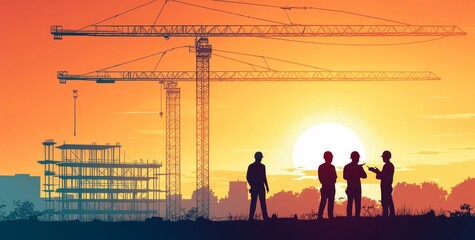 Four construction workers stand silhouetted in front of a building under construction at sunset, with two cranes in the background.