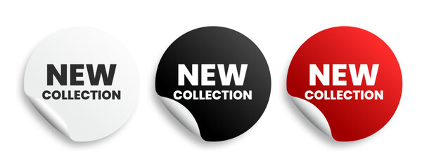 New collection. White, black and red marketing stickers. Symbol for offer, new product sign. Vector illustration