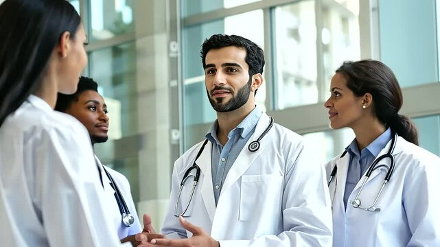 Arab Doctor Leading Diverse Medical Team in Hospital Setting
