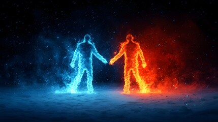Fototapeta premium Dazzling Fire and Ice Dancers Unite in a Snowy Enchantment at the Winter Festival of Magic. Winter Festival Concept