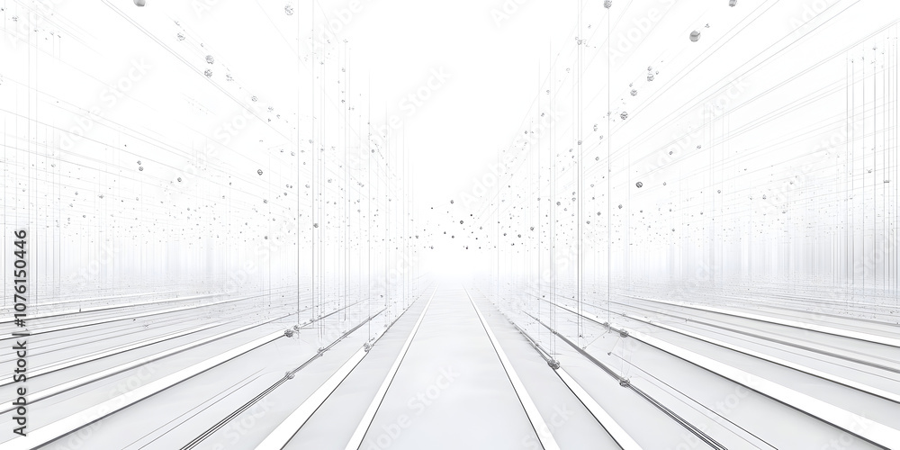 Poster abstract white grid tunnel: a minimalist perspective of a clean, futuristic white grid tunnel, exten