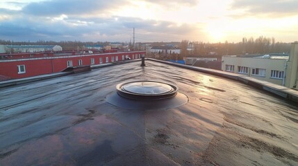 A large, round, black object sits on a roof