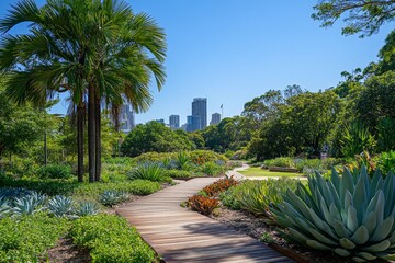 A wooden path winds through a lush green park with palm trees and succulents, leading towards a modern city skyline in the distance.