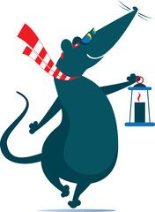 Cute rat, opossum or mouse holding an old lantern. 
Cartoon rat, opossum or mouse holds a vintage lit lantern. Isolated on white background
