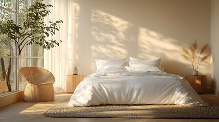 Early morning light softly illuminating a minimalist bedroom, emphasizing the clean lines of the furniture and the neutral color palette, calm atmosphere with a warm glow, photorealistic detail,