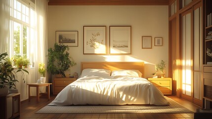 Early morning light softly illuminating a minimalist bedroom, emphasizing the clean lines of the furniture and the neutral color palette, calm atmosphere with a warm glow, photorealistic detail,