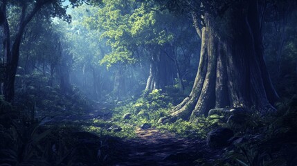 Obraz premium A forest with a large tree in the middle