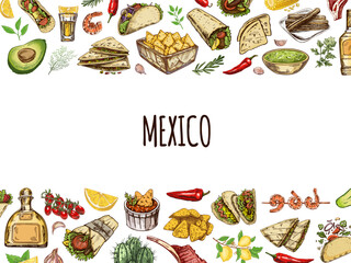 Colored  template with mexican elements in engraved vintage style.  Realistic mexican dishes and products. Vintage sketch drawings of Latin American cuisine
