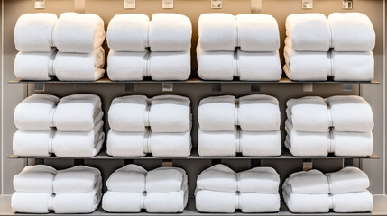 Neatly stacked rows of soft white towels displayed on shelves in a store setting