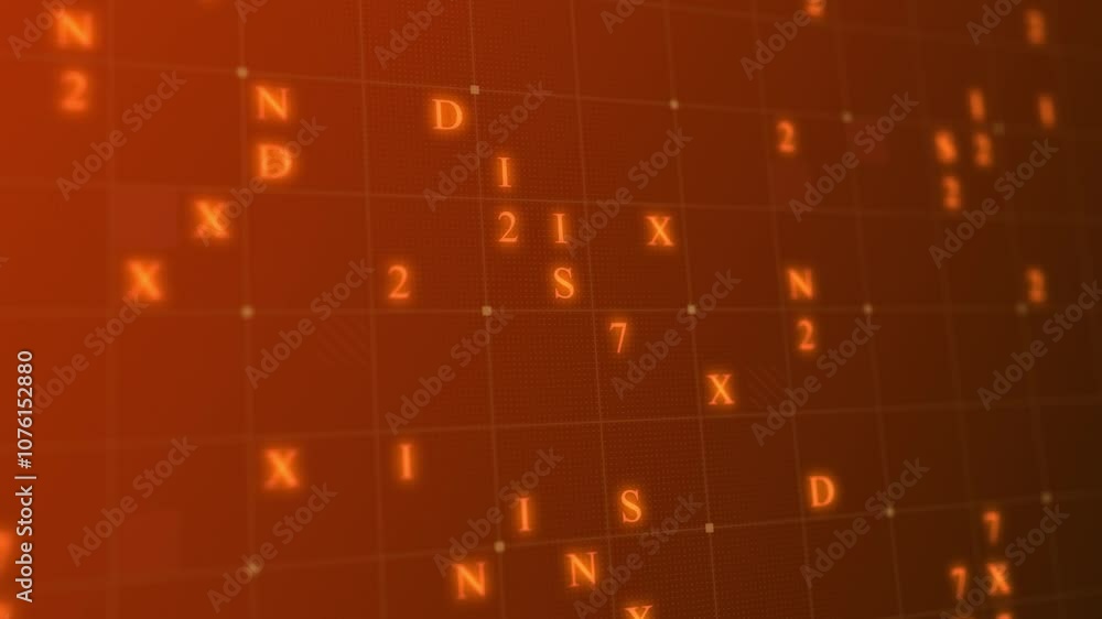 Poster orange glowing letters and numbers matrix abstract background, horizontal composition. technology ba