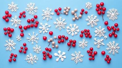 Eerie winter christmas composition with snowflakes and red berries on a frosty blue background, perfect for seasonal holiday themes, wintertime decorations, and atmospheric festive greeting cards - fl