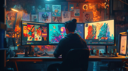 A digital artist working on a graphic design project on a dual-screen setup, with vibrant visuals on the screens and inspirational artwork pinned to the walls 