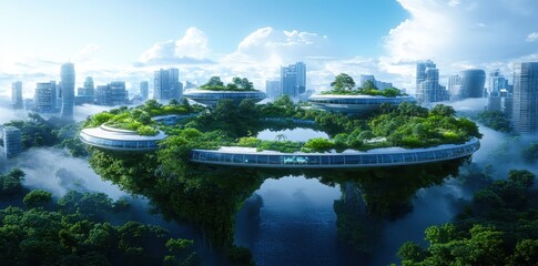 Futuristic cityscape harmoniously merging with organic shapes, showcasing a seamless blend of technology and nature.