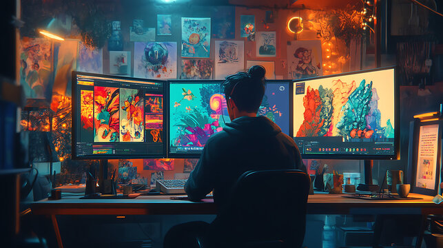 A digital artist working on a graphic design project on a dual-screen setup, with vibrant visuals on the screens and inspirational artwork pinned to the walls 