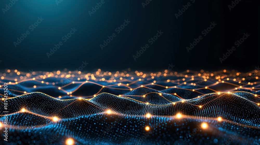 Poster a web of glowing dots and lines interconnected across a dark blue background, representing the vastn