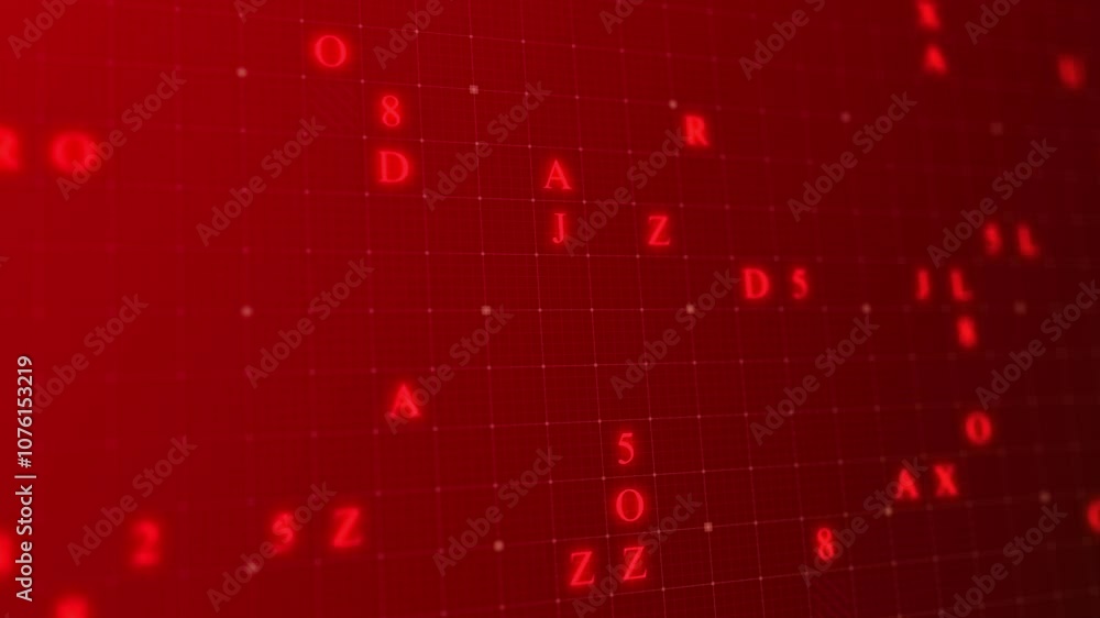 Poster red glowing letters and numbers matrix abstract background, horizontal composition. technology backg