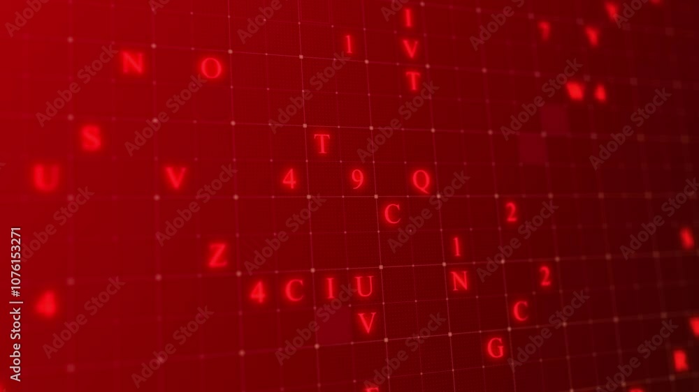 Poster red glowing letters and numbers matrix abstract background, horizontal composition. technology backg