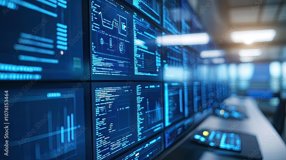Poster high-tech data visualizations in a modern workspace
