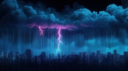 A cartoon cityscape at night with a dramatic thunderstorm raging overhead, complete with dark clouds, heavy rain, and bright lightning bolts illuminating the buildings.