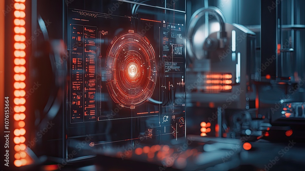 Poster futuristic interface with red accents and data visuals