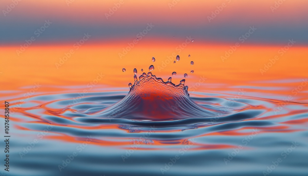Poster a single water drop creates a splash and ripples in the water against a sunset backdrop.