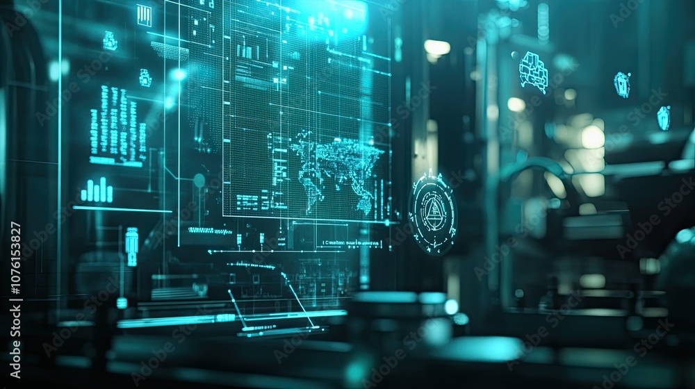 Poster digital art with high-tech elements and data visualization