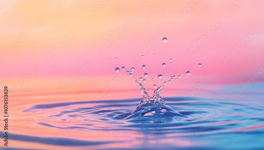Poster a single water drop creates a splash and ripples in a pool of water against a pink and orange sky.