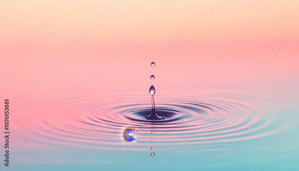 Poster a single water drop falls into a still body of water, creating a ripple effect on a pink and blue gr