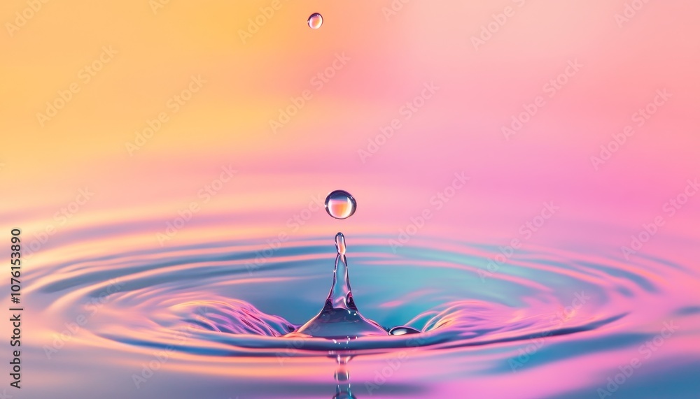 Aufkleber Water drop falling into a pool of water creating ripples against a vibrant gradient background.