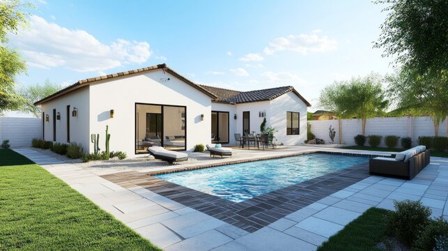 A large white house with a pool and a patio