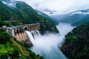 Fototapeta premium Eco-friendly dam promoting carbon reduction and sustainable energy solutions for a greener future.