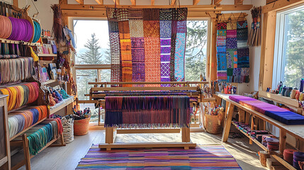 A textile artist weaving on a loom, with colorful threads and patterns displayed around the studio space, showcasing an intricate project in progress 