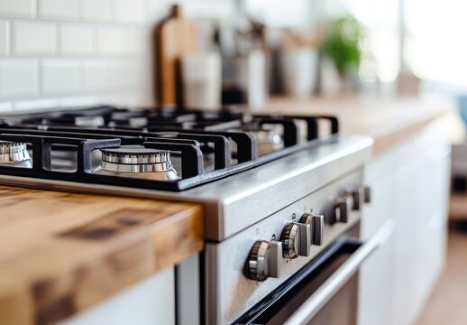 Close-up of a modern stainless steel gas stove with four burners and control knobs on a wooden countertop in a contemporary kitchen.