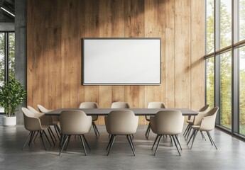 Modern meeting room interior with a large blank frame on a wood wall, a long table with chairs, and windows overlooking trees.