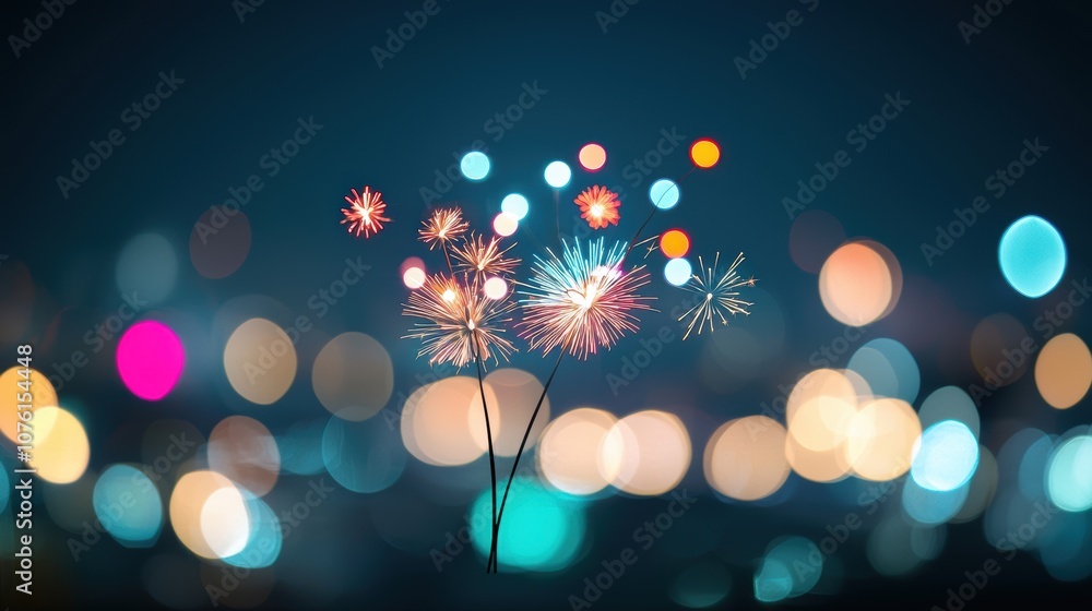 Poster multiple fireworks bursting in various colors and patterns, with a blurred bokeh effect of city ligh