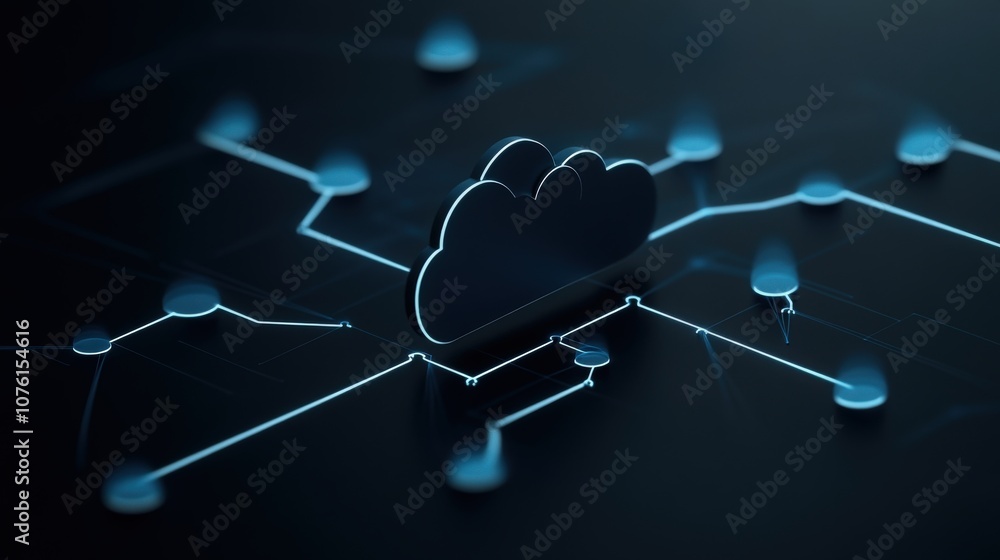 Poster Abstract representation of cloud computing technology featuring a stylized cloud surrounded by digital connections and data points on a dark background.