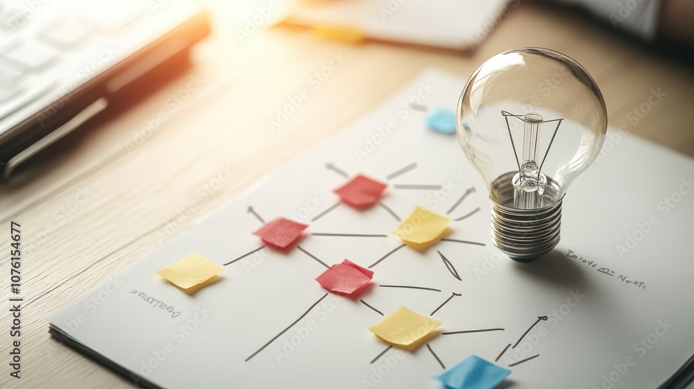 Poster creative business concept with light bulb and sticky notes on a brainstorming chart, symbolizing inn